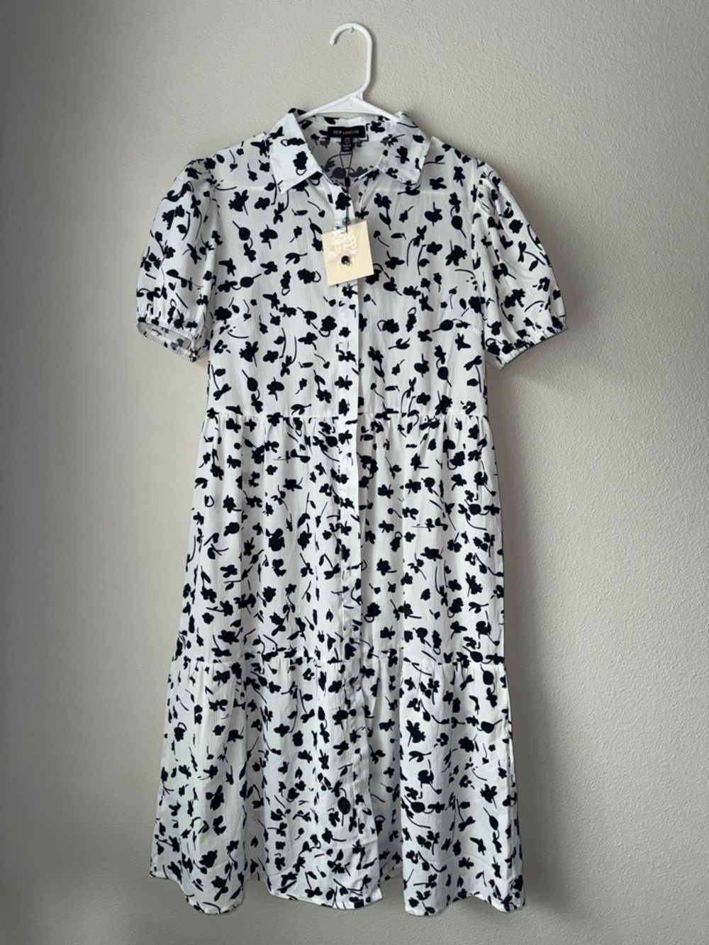 QED LONDON Shadow Floral Monochrome Black + White Printed Midi Shirt Dress US 6
